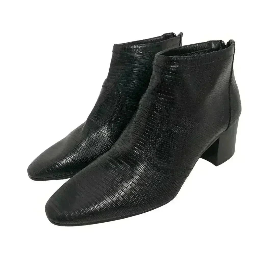 Doucal's Vintage Crocodile Print Leather Luxury Designer Black Booties Pointed - Picture 3 of 13